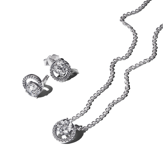 Dāvanu komplekts: Kaklarota ar kulonu, kas dekorēts ar dzirkstošo akmeņu oreolu & Auskari ar dzirkstošo akmeņu oreolu