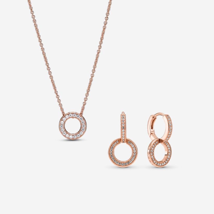 Dāvanu komplekts: Pieguļoša apļveida kaklarota ar Pandora logotipu pavé rakstu & Mirdzošie dubultriņķa auskari