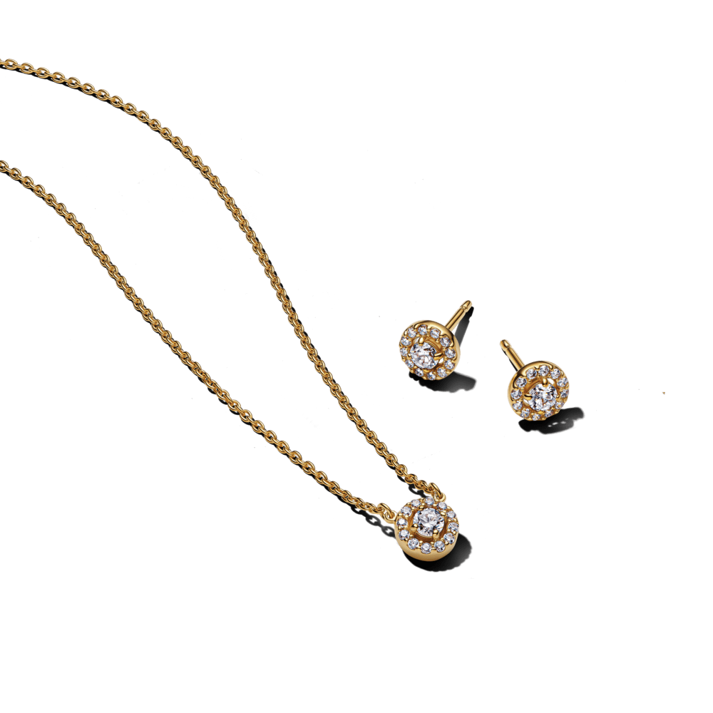 Dāvanu komplekts: Apļveida Pavé Halo kulona kaklarota & Apļveida Pavé Halo stīpiņu auskari