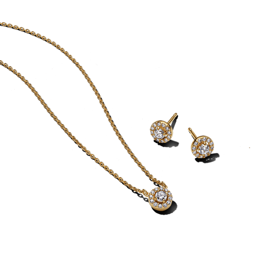 Dāvanu komplekts: Apļveida Pavé Halo kulona kaklarota & Apļveida Pavé Halo stīpiņu auskari