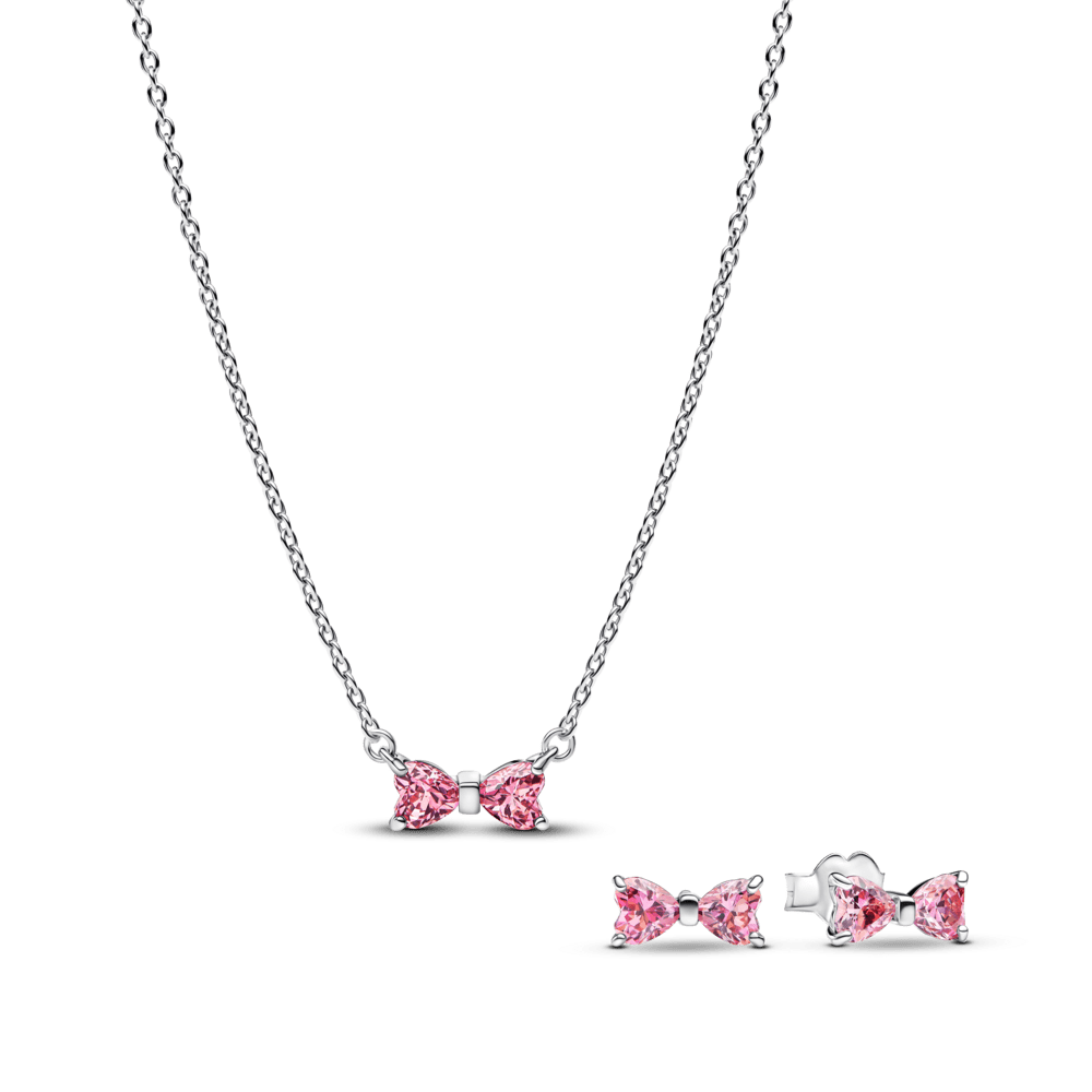 Dāvanu komplekt: Bantīšu kulona kaklarota & Stīpiņu auskari Mirdzošais rozā tauriņš