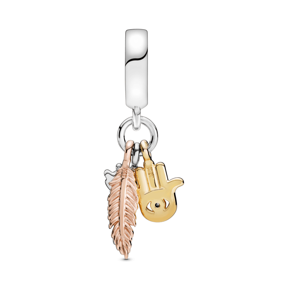 Piekarināms, garīgumu simbolizējošs Hamsa amulets ar visu redzošās acs un spalvas motīvu