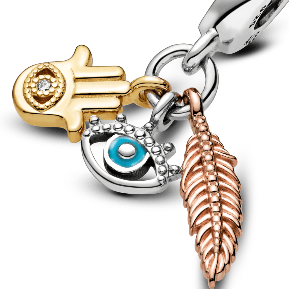 Piekarināms, garīgumu simbolizējošs Hamsa amulets ar visu redzošās acs un spalvas motīvu