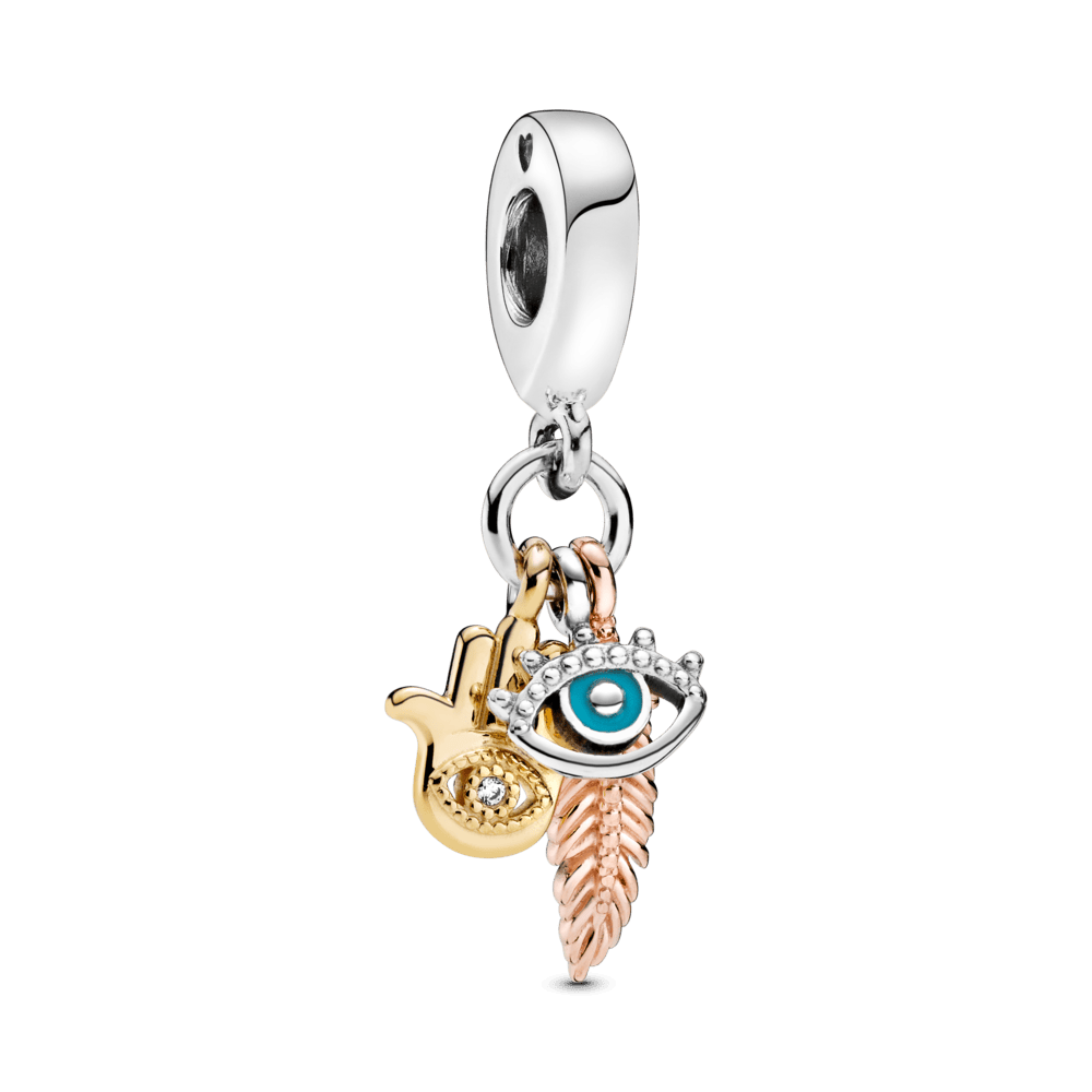 Piekarināms, garīgumu simbolizējošs Hamsa amulets ar visu redzošās acs un spalvas motīvu