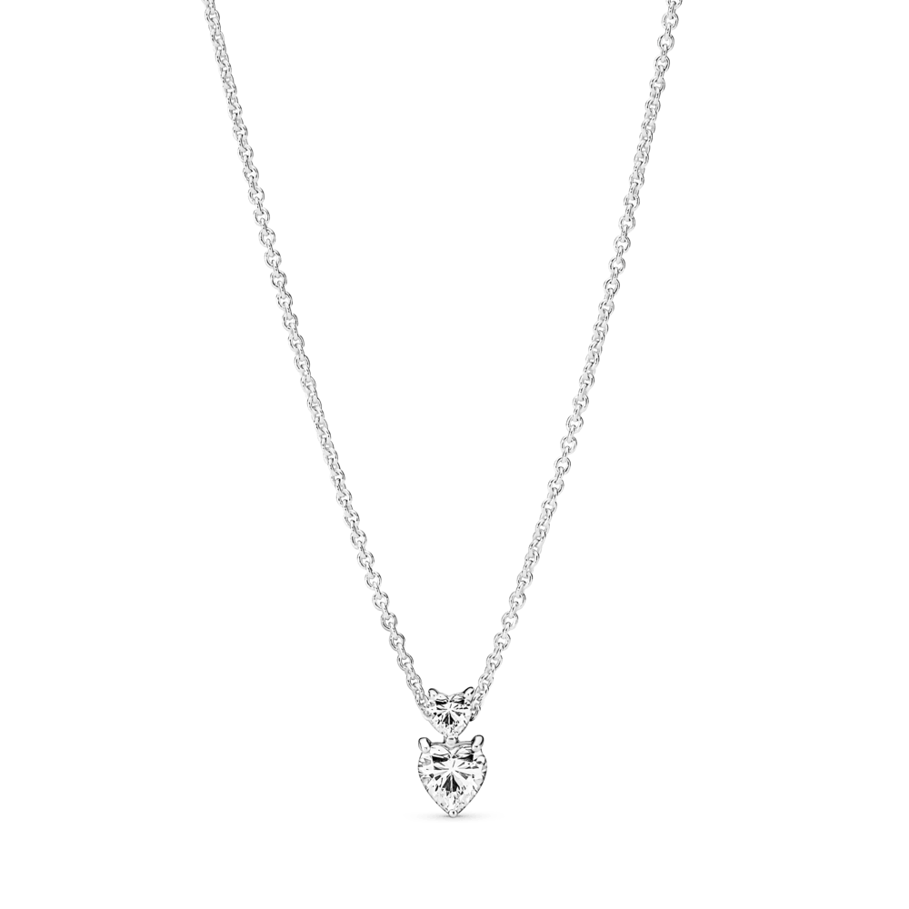 Dāvanu komplekts: Mirdzošā, pieguļošā kaklarota ar divu sirsniņu kulonu & Mirdzošie dubultsirsniņas nagliņauskari