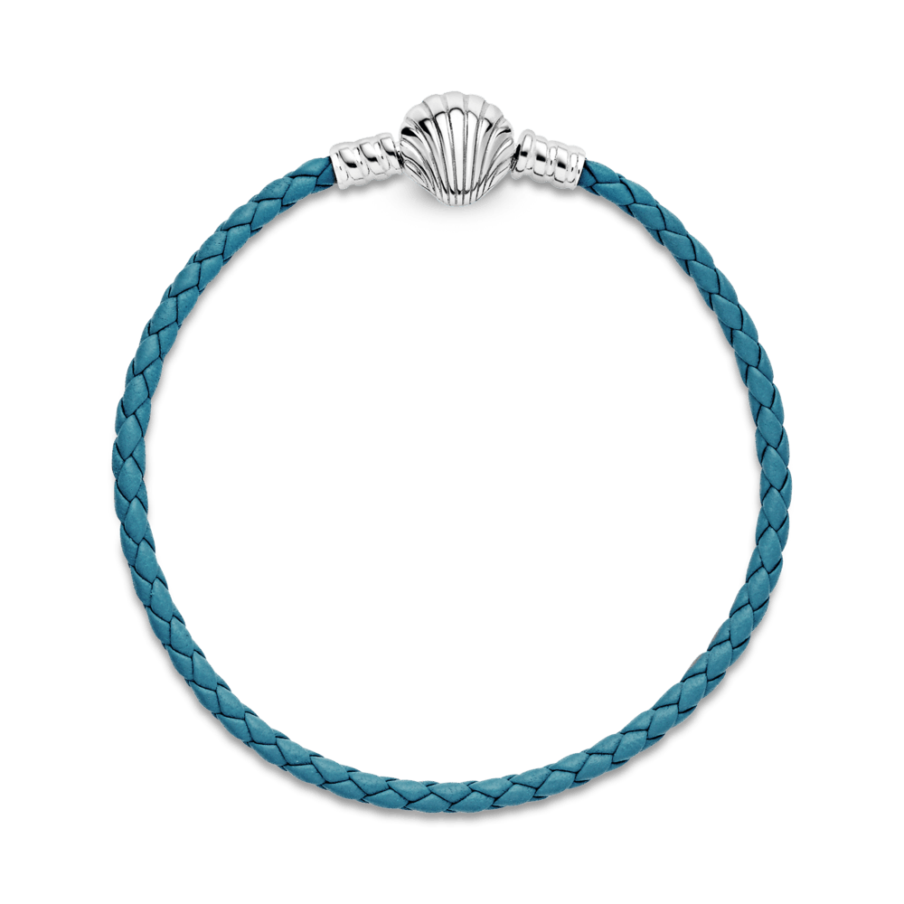 Pandora Moments pītā ādas rokassprādze tirkīza krāsā ar aizdari gliemežvāka formā