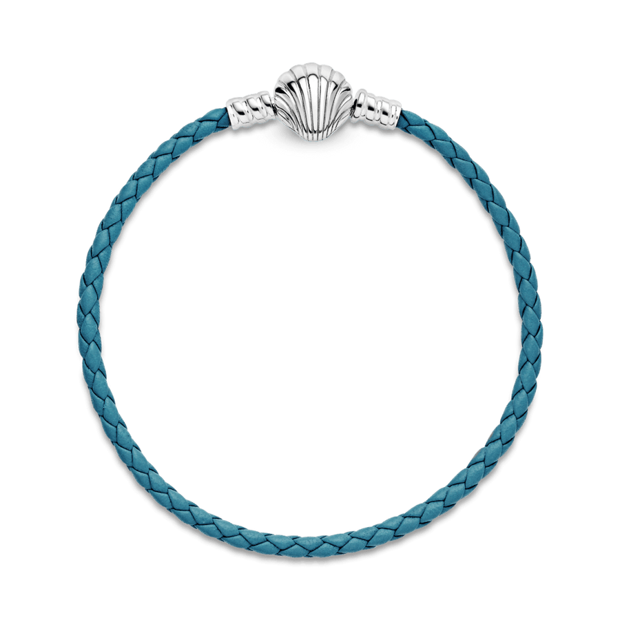 Pandora Moments pītā ādas rokassprādze tirkīza krāsā ar aizdari gliemežvāka formā