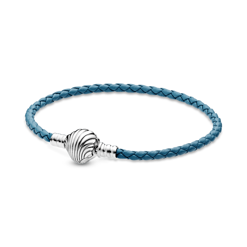 Pandora Moments pītā ādas rokassprādze tirkīza krāsā ar aizdari gliemežvāka formā