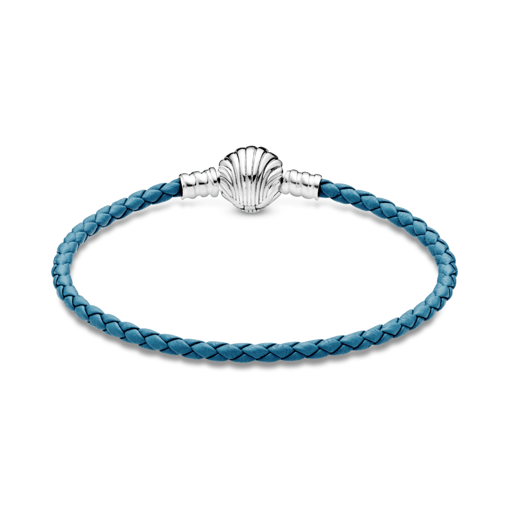 Pandora Moments pītā ādas rokassprādze tirkīza krāsā ar aizdari gliemežvāka formā