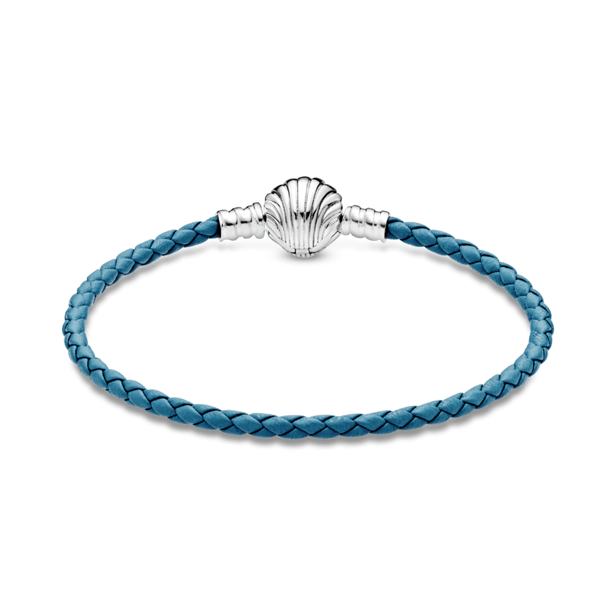 Pandora Moments pītā ādas rokassprādze tirkīza krāsā ar aizdari gliemežvāka formā