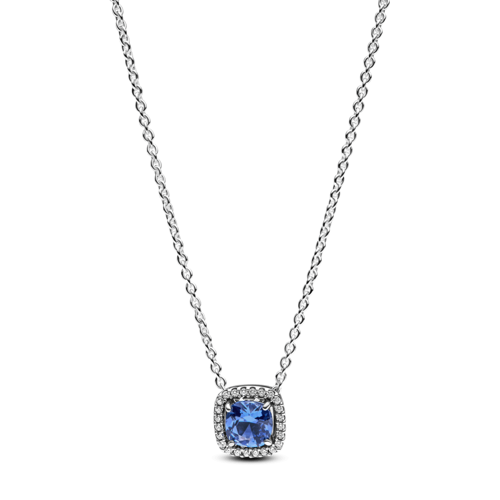 Dāvanu komplekts: Kvadrātveida mirdzoša, zila Halo kulona kaklarota & Kvadrātveida mirdzoši, zili Halo stīpiņu auskari