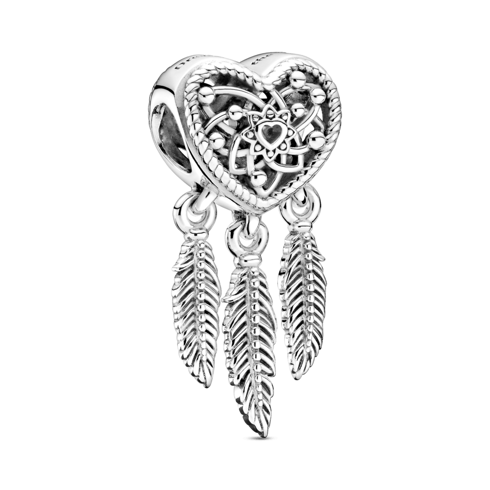 Ažūra rakstā veidots sirsniņas un trīs spalvu amulets ar sapņu ķērāja motīvu