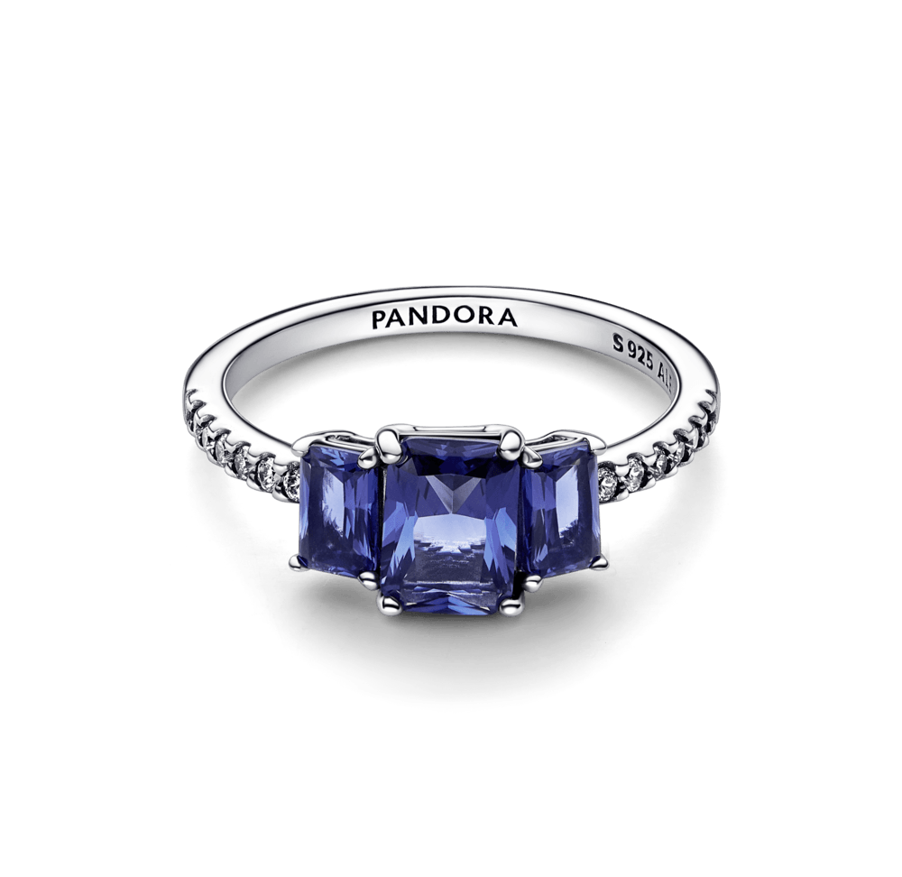 Mirdzošais gredzens ar trīs taisnstūrveida akmeņiem zilā krāsā