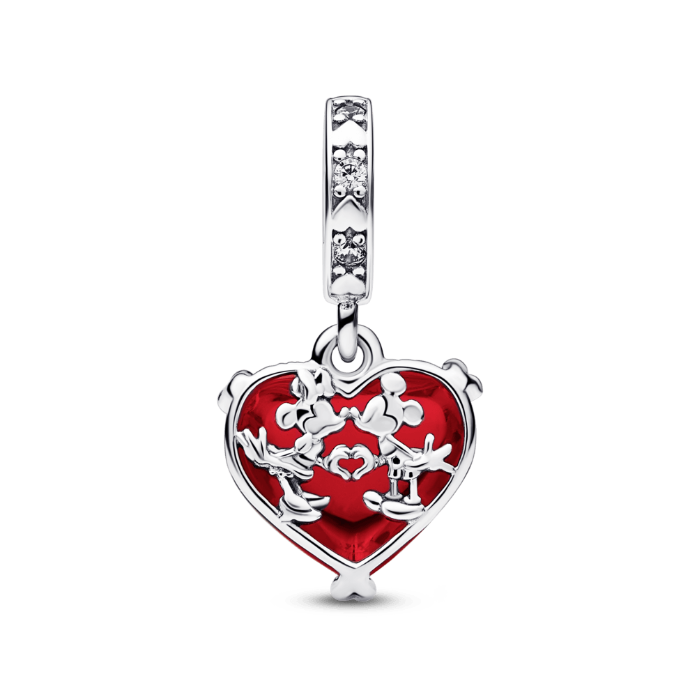Piekarināmais Disney Mickey un Minnie Mouse skūpsta sarkanais Murano stikla amulets
